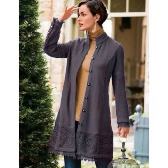 Soft Surroundings Jackets & Blazers - Soft Surroundings Chelsea Lace Embellished Gray Long Jacket - Size Small Petite‎